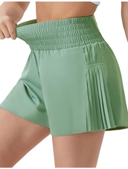 Women's High Waist Workout Shorts Side Pleated Athletic Running Shorts with Mesh Liner Zip Pocket