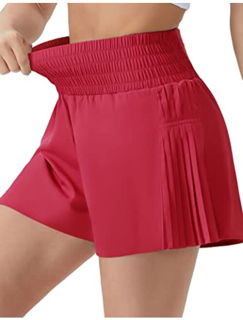 THE GYM PEOPLE Women's High Waist Workout Shorts Side Pleated Athletic Running Shorts with Mesh Liner Zip Pocket