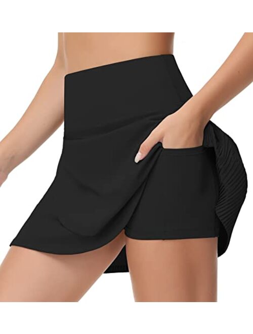 THE GYM PEOPLE Women's High Waisted Tennis Skirts Crossover Hemline Back Pleated Golf Skorts with Inner Shorts