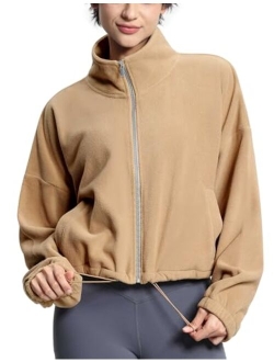 Women's Fleece Short Jacket Full Zip Stand Collar Warm Winter Sherpa Crop Coats with Drawstring Hem