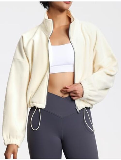 THE GYM PEOPLE Women's Fleece Short Jacket Full Zip Stand Collar Warm Winter Sherpa Crop Coats with Drawstring Hem