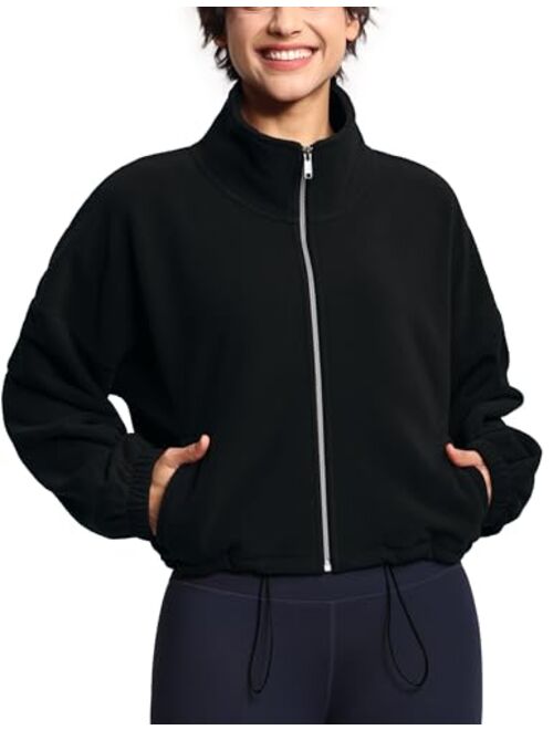 THE GYM PEOPLE Women's Fleece Short Jacket Full Zip Stand Collar Warm Winter Sherpa Crop Coats with Drawstring Hem