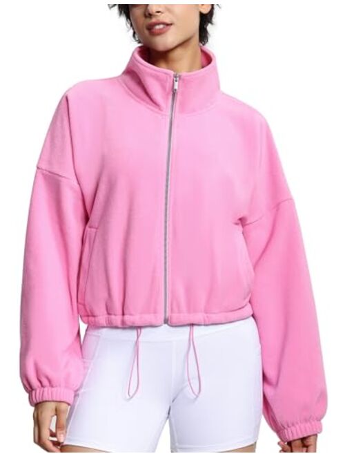 THE GYM PEOPLE Women's Fleece Short Jacket Full Zip Stand Collar Warm Winter Sherpa Crop Coats with Drawstring Hem