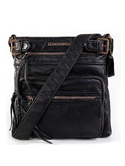 Crossbody Bag for Women Soft Washed Leather Multi Pocket Shoulder Purses