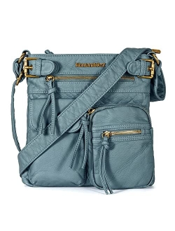 Crossbody Bag for Women Soft Washed Leather Multi Pocket Shoulder Purses