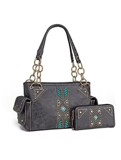 Handbag and Purse Concealed Carry Tote Bag for Women Leather Embroidered Western Design Satchel with Wallets Set