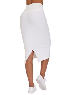 Women's High Waist Tummy Control Pencil Skirts Stretchy Bodycon Midi Skirt Below Knee with Back Slit