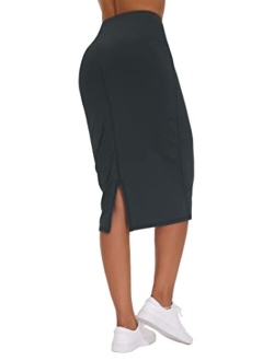 Women's High Waist Tummy Control Pencil Skirts Stretchy Bodycon Midi Skirt Below Knee with Back Slit