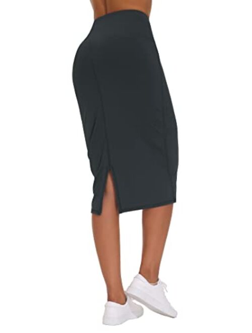 THE GYM PEOPLE Women's High Waist Tummy Control Pencil Skirts Stretchy Bodycon Midi Skirt Below Knee with Back Slit