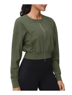 Women's Cropped Jackets Full Zip Long Sleeve Ribbed Workout Sweatshirts Lightweight Casual Tops