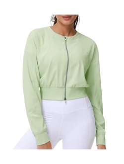 Women's Cropped Jackets Full Zip Long Sleeve Ribbed Workout Sweatshirts Lightweight Casual Tops