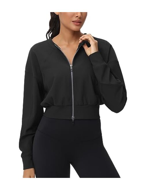 THE GYM PEOPLE Women's Cropped Jackets Full Zip Long Sleeve Ribbed Workout Sweatshirts Lightweight Casual Tops