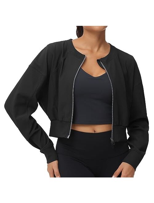 THE GYM PEOPLE Women's Cropped Jackets Full Zip Long Sleeve Ribbed Workout Sweatshirts Lightweight Casual Tops