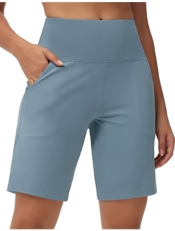 Women's High Waisted Bermuda Workout Shorts Long Hiking Running Shorts with Zipper Pockets