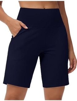 Women's High Waisted Bermuda Workout Shorts Long Hiking Running Shorts with Zipper Pockets