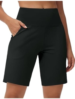 Women's High Waisted Bermuda Workout Shorts Long Hiking Running Shorts with Zipper Pockets