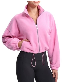 Women's Fleece Cropped Jacket Full Zip Stand Collar Workout Short Sherpa Coats with Pockets Drawstring Hem