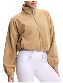 Women's Fleece Cropped Jacket Full Zip Stand Collar Workout Short Sherpa Coats with Pockets Drawstring Hem