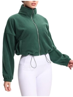 Women's Fleece Cropped Jacket Full Zip Stand Collar Workout Short Sherpa Coats with Pockets Drawstring Hem