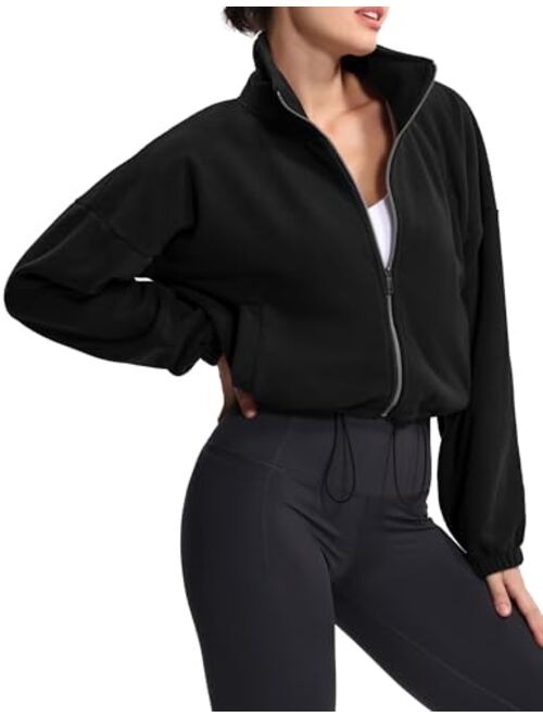 THE GYM PEOPLE Women's Fleece Cropped Jacket Full Zip Stand Collar Workout Short Sherpa Coats with Pockets Drawstring Hem