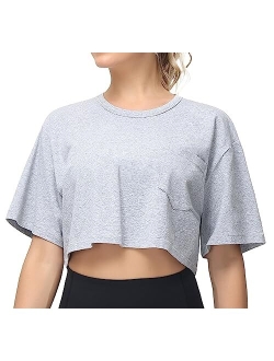 Women's Workout Crop Tops Short Sleeve Boxy Oversized T-Shirts with Pockets