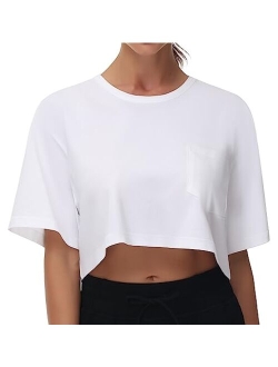 Women's Workout Crop Tops Short Sleeve Boxy Oversized T-Shirts with Pockets