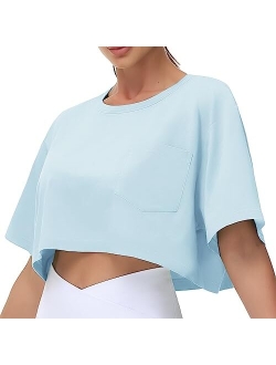 Women's Workout Crop Tops Short Sleeve Boxy Oversized T-Shirts with Pockets