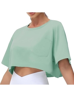 Women's Workout Crop Tops Short Sleeve Boxy Oversized T-Shirts with Pockets