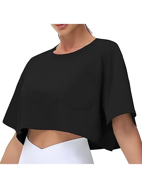 THE GYM PEOPLE Women's Workout Crop Tops Short Sleeve Boxy Oversized T-Shirts with Pockets