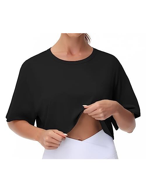 THE GYM PEOPLE Women's Workout Crop Tops Short Sleeve Boxy Oversized T-Shirts with Pockets