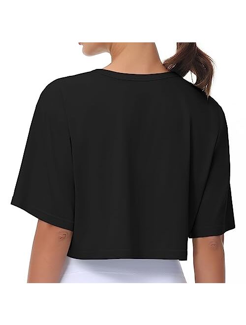 THE GYM PEOPLE Women's Workout Crop Tops Short Sleeve Boxy Oversized T-Shirts with Pockets