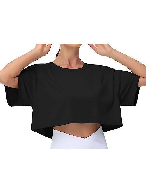 THE GYM PEOPLE Women's Workout Crop Tops Short Sleeve Boxy Oversized T-Shirts with Pockets