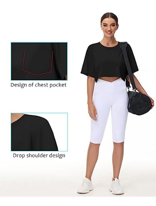 THE GYM PEOPLE Women's Workout Crop Tops Short Sleeve Boxy Oversized T-Shirts with Pockets