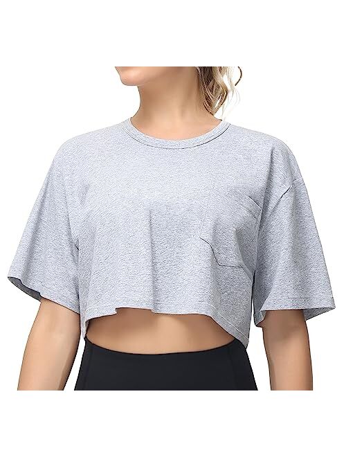 THE GYM PEOPLE Women's Workout Crop Tops Short Sleeve Boxy Oversized T-Shirts with Pockets