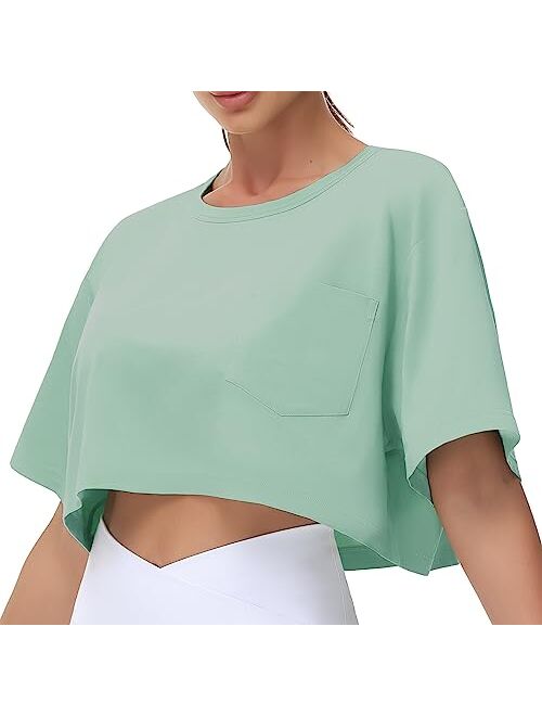 THE GYM PEOPLE Women's Workout Crop Tops Short Sleeve Boxy Oversized T-Shirts with Pockets