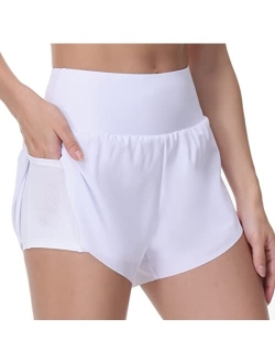 Womens Quick Dry Running Shorts Mesh Liner High Waisted Tennis Workout Shorts Zipper Pockets