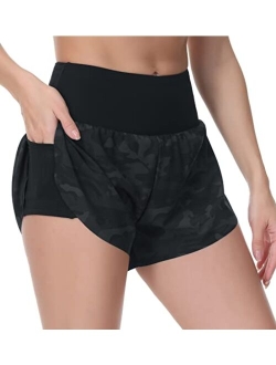Womens Quick Dry Running Shorts Mesh Liner High Waisted Tennis Workout Shorts Zipper Pockets