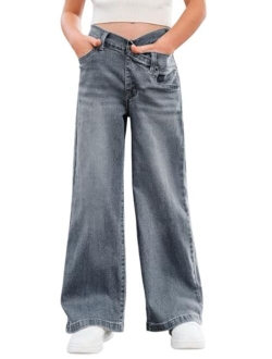 rrhss Girls Flare Jeans Crossover Waisted Wide Leg Jeans Denim Pants for Kids