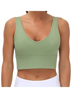 Womens Longline Sports Bra Padded Crop Tank Tops Workout Yoga Bra with Removable Pads