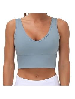 Womens Longline Sports Bra Padded Crop Tank Tops Workout Yoga Bra with Removable Pads