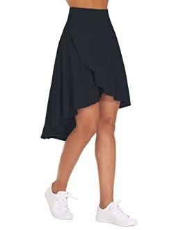 Women's High Waist Wrap Ruffle Hem Asymmetric Skort High Low Flowy Midi Skirt with Shorts