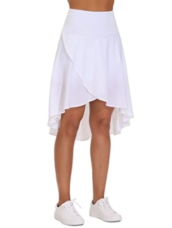 Women's High Waist Wrap Ruffle Hem Asymmetric Skort High Low Flowy Midi Skirt with Shorts