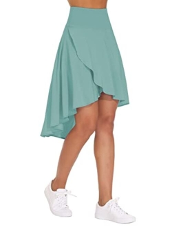 Women's High Waist Wrap Ruffle Hem Asymmetric Skort High Low Flowy Midi Skirt with Shorts