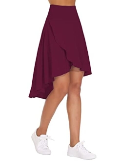 Women's High Waist Wrap Ruffle Hem Asymmetric Skort High Low Flowy Midi Skirt with Shorts