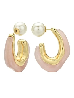 ROGOWOL Acrylic Resin C Shape Open Hoop Earrings with Pearl Ball Back Hypoallergenic Double Sided Faux Pearl Statement Hoop Earrings for Women Girls