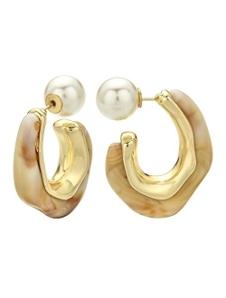 ROGOWOL Acrylic Resin C Shape Open Hoop Earrings with Pearl Ball Back Hypoallergenic Double Sided Faux Pearl Statement Hoop Earrings for Women Girls