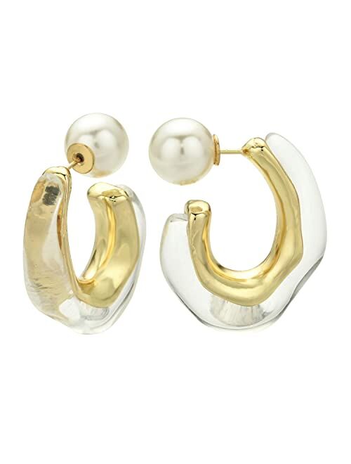 ROGOWOL Acrylic Resin C Shape Open Hoop Earrings with Pearl Ball Back Hypoallergenic Double Sided Faux Pearl Statement Hoop Earrings for Women Girls