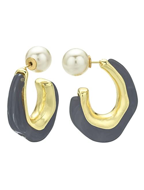 ROGOWOL Acrylic Resin C Shape Open Hoop Earrings with Pearl Ball Back Hypoallergenic Double Sided Faux Pearl Statement Hoop Earrings for Women Girls