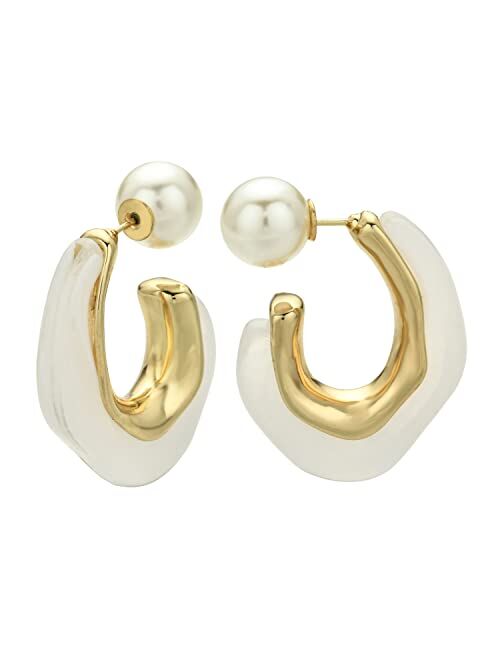 ROGOWOL Acrylic Resin C Shape Open Hoop Earrings with Pearl Ball Back Hypoallergenic Double Sided Faux Pearl Statement Hoop Earrings for Women Girls