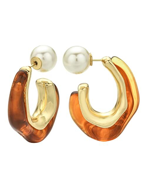 ROGOWOL Acrylic Resin C Shape Open Hoop Earrings with Pearl Ball Back Hypoallergenic Double Sided Faux Pearl Statement Hoop Earrings for Women Girls